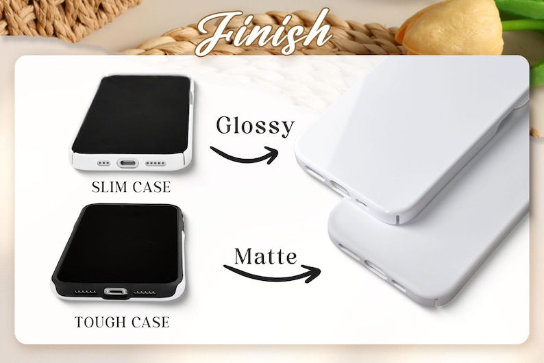 May include: Image showing phone cases with a black screen and white or black borders. The text indicates "Slim Case" and "Tough Case" options, with "Glossy" and "Matte" finishes. The cases are white and black.