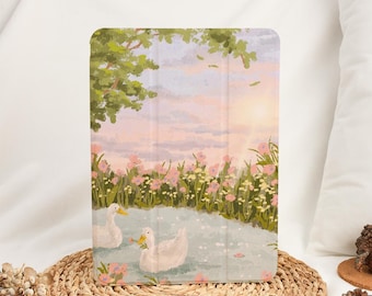 Dreamy Duck Pond Print Cute iPad Case with Apple Pencil Holder Cover for Air 4th 13/11 inch iPad 11/10/9/8 Gen A16 Pro 12.9 inch Mini 5 /6/7