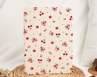 Funda para iPad con flores en rojo cereza y portalápices para iPad Air 7.ª generación (2025), iPad 4, 5 y 6 (11.ª generación), iPad A16 (10, 9 y 8), iPad Pro de 11 pulgadas y iPad Mini de 13 pulgadas (6 y 7)