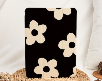 Black&White Flower Floral iPad Case with Pencil Holder for 2025 Air 7/6/5/4/3th 13" iPad 11/10 Gen A16 10.9" 11" iPad Pro 12.9 Inch Mini 6/7