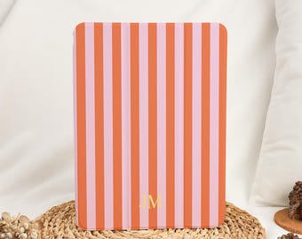Preppy Striped Custom Initial Monogram Pattern iPad Case with Pencil Holder Cover for Air 13/11inch iPad A16 11/10/9 Gen Pro 12.9" Mini 6/7