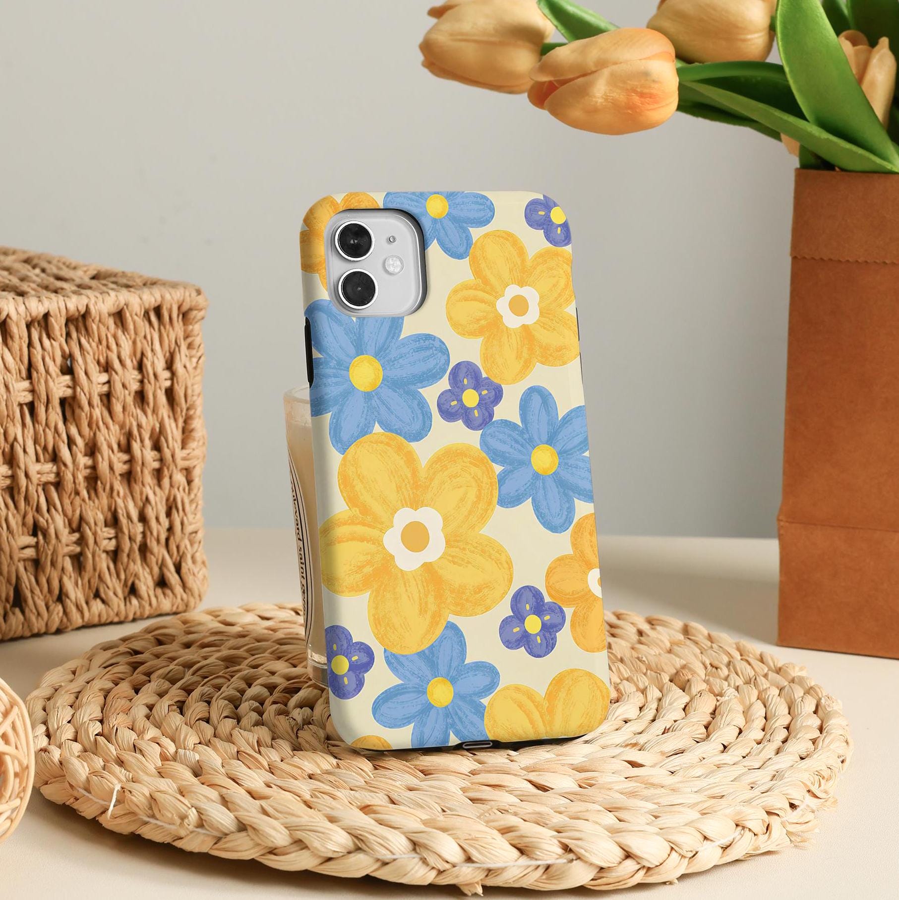 Blue Yellow Flower Cute Phone Case for iPhone 16 15 14 13 12 Pro Max, 16e, iPhone 15 14 Plus, iPhone 13 12 Mini, X XS XR SE Slim/Tough Cover