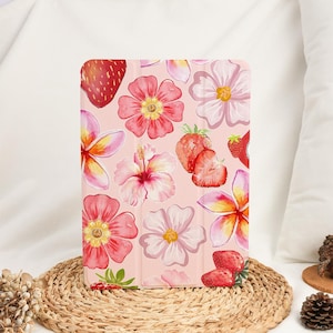 Cute Strawberry Flowers iPad Case with Pencil Holder Cover for 2025 Air 7/6/5/4th 13&quot; 11&quot; iPad 11/10/9/8 Gen A16 iPad Pro 12.9 Inch Mini 6/7