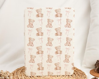 Cute Bear with Bow iPad Case with Apple Pencil Holder for Air 5/6/7 11" 13" 2025 iPad 11/10/9 Gen 10.9" 10.2" Pro 12.9'' iPad Mini 6/7 Cover