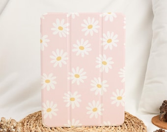 White Daisy Pink Cute iPad Case with Pencil Holder Cover for 2025 Air 7/6/5/4th 13" 11" iPad 11/10/9/8 Gen A16 iPad Pro 12.9 Inch Mini 6/7