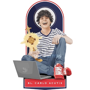 May include: Illustration of a person smiling, wearing a striped top and blue jeans, holding a golden religious symbol and sitting with a laptop. The image has a red and blue arch background with the text "BL. CARLO ACUTIS".