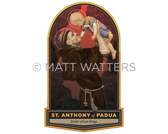 Puede incluir: Una ilustración de estilo vintage de San Antonio de Padua sosteniendo un bebé. La imagen está sobre un fondo rojo y naranja con un marco dorado. El texto "ST. ANTHONY of PADUA" y "finder of lost things" está en la parte inferior de la imagen.