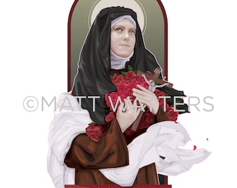 May include: A digital illustration of Saint Thérèse of Lisieux, a Catholic saint, holding a bouquet of red roses and a crucifix. The image is in a traditional icon style with a gold frame and a halo behind her head. The text "ST. THÉRÈSE of LISIEUX" and "the Little Flower" is below the image.