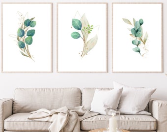 Wall Art Set of Three Wall Art Green & Gold Wall Art Botanical Wall Art Living Room Wall Art Leaf Art Plant Art Green and Gold Printable Art