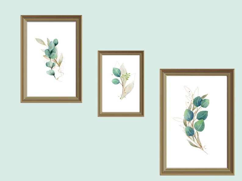Wall Art Set of Three Wall Art Green & Gold Wall Art Botanical Wall Art