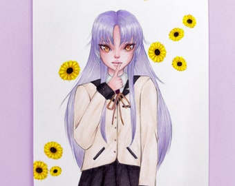 Dibujo en técnica mixta con marcador Copic: Ilustración de una chica anime con cabello lavanda y girasoles. Obra original A5 (15 x 21 cm).