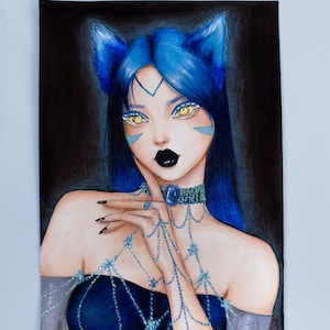 Handmade Blue Kitsune Fox Girl Character Illustration | Original Art by Weirdbrokeartist | Japanese Mythology-Inspired Art