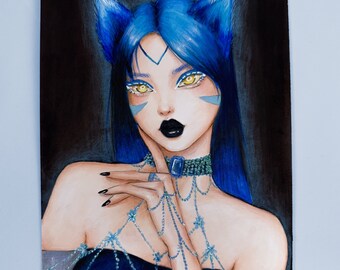 Handmade Blue Kitsune Fox Girl Character Illustration | Original Art by Weirdbrokeartist | Japanese Mythology-Inspired Art