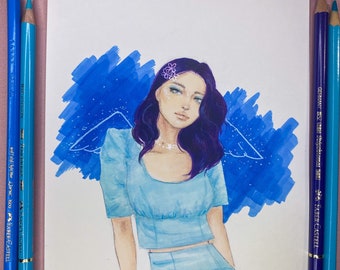 Blue Angel Girl Marker Drawing 21x15cm