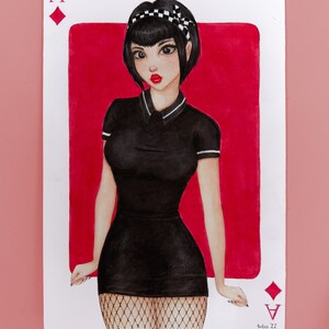 Carta da gioco fatta a mano con asso di diamanti, arte per ragazza, opera originale di Weirdbrokeartist, illustrazione del personaggio unico con pennarelli Copic