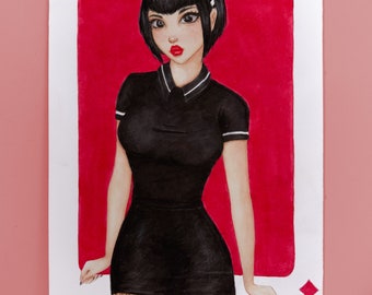 Handmade Ace of Diamonds Playing Card Girl Art | Original Art by Weirdbrokeartist | Unique Character Illustration with Copic Markers
