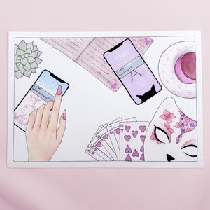 Illustrazione di scena di gioco di carte accoglienti fatte a mano / Arte originale di Weirdbrokeartist / Arredamento unico per la casa