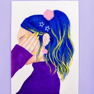 手作りのカラフルなネオンヘアの女の子のキャラクターイラスト | Weirdbrokeartist によるオリジナルアート | ユニークなネオンアート | 鮮やかなコピックマーカーの描画