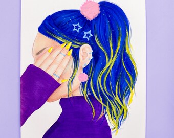 Dibujo de moda con marcador Copic, técnica mixta y purpurina, ilustración de retrato con cabello amarillo neón, obra de arte original A5 (15 x 21 cm)