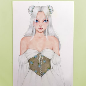 手作りコテージコアガールイラスト | Weirdbrokeartist によるオリジナルアート | かわいい花柄のキャラクターデザイン | コテージコア装飾