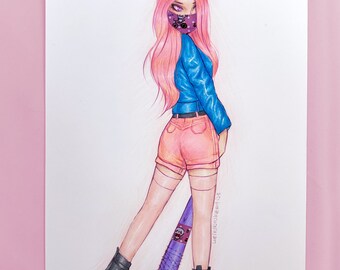 Dibujo de moda con marcador Copic, técnica mixta, ilustración de una motociclista de pelo rosa con murciélago, obra de arte original A4