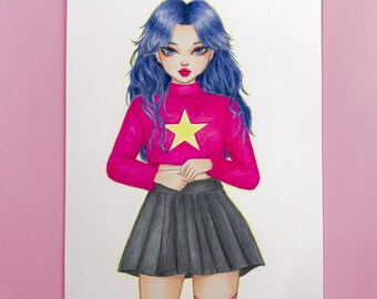 Handmade Star Girl Character Illustration | Original Art by Weirdbrokeartist | Cute Wall Art