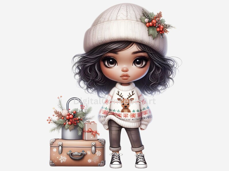 Christmas Travel Girl Clipart, Holiday Fashion Travel Girl, Cute