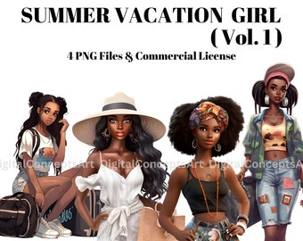 Summer vacation women clipart - Black travel girl png, African American black women trip png, Black women travel fashion, DIY vacay girl png