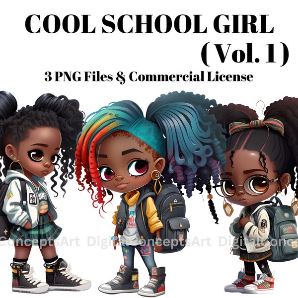 Dreadlock black school girl clipart - Black teen girl clipart, African American black chibi girl fashion clipart, Black girl magic clipart