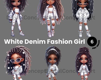 Dreadlocks Black Girl Clipart, White Denim Fashion Girl Clipart, African American Girl, Denim Girl Clipart, Black Girl Sticker for Planner