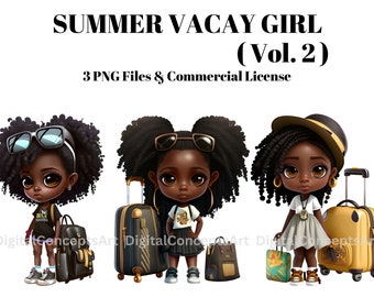 Black girl trip png - Summer vacay girl png, African American black chibi girl trip clipart, Black girl magic png, Black travel women png