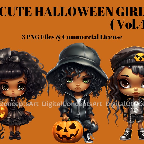 Halloween Costume Clipart - Black Girl Clipart, Watercolor Halloween Girl Clipart, Halloween Junk Journal, Halloween Girl Scrapbooking