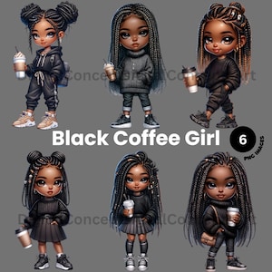 Dreadlocks Black Girl Clipart - Black Fashion Girl Clipart, Ragazza afro-americana, Coffee Chibi Clipart, Adesivi ragazza nera per Planner
