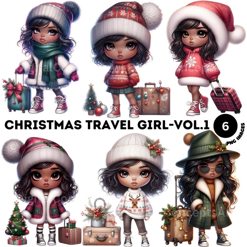 Christmas Travel Girl Clipart, Holiday Fashion Travel Girl, Cute