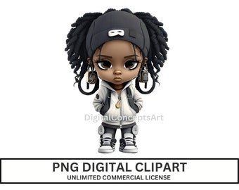 Cute black fashion girl png clipart -black chibi girl png, black hip hop girl png, black teen school girl png clipart, black girl magic png