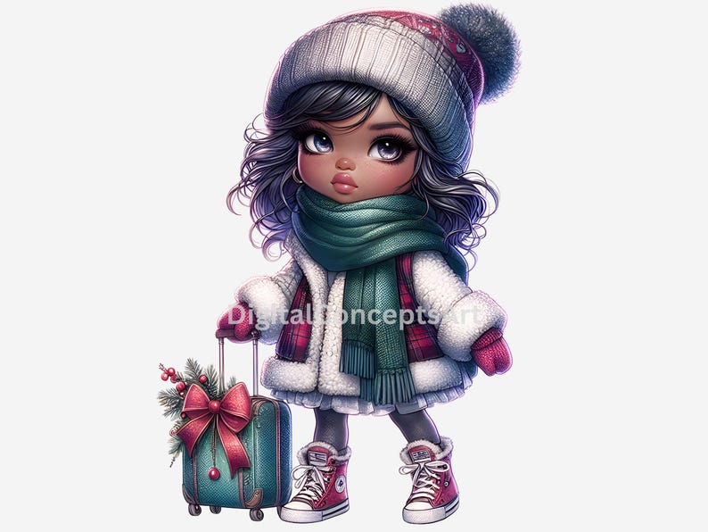 Christmas Travel Girl Clipart, Holiday Fashion Travel Girl, Cute