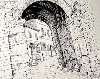 The Arch of Volterra, Italy, Original Pen and Ink Art Print, Wall Hanging