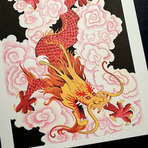 Red Dragon in Clouds, Original Art Print, Wall Hanging