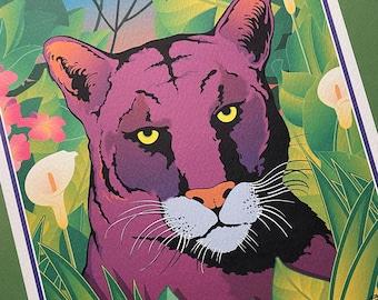Purple Cat Art Print, Jungle Leopard, 9 X 12 Wall Hanging