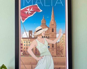 MALTA Travel Poster Art Print, Modern Deco 12 X 22 Wall Hanging