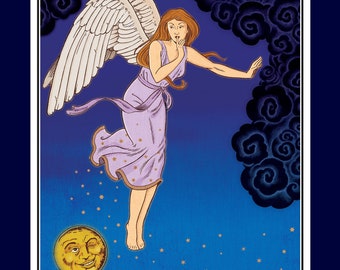 Angel, Stars & Moon Art Print, Whimsical Wall Hanging (9x12)