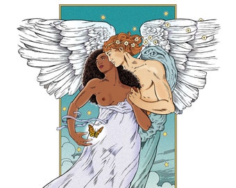 Cupid & Psyche Art Print, Contemporary Version of the Mythological Lovers