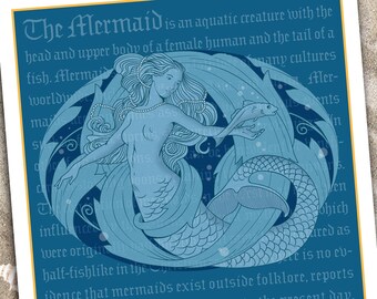 Blue Mermaid Art Print, Illustration and Type Design, Wall Hanging