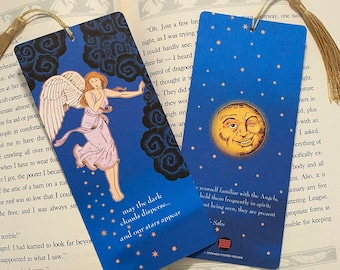 Illustrated Angel Bookmark: Stars and Moon, Two-Sided with Tassel