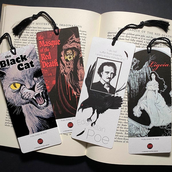 Edgar Allan Poe Bookmark, Red Death, Ligeia, and Black Cat, 2-Sided Illustrated Bookmarks