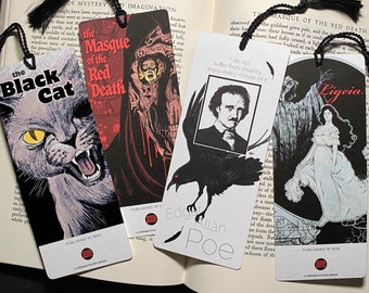 Edgar Allan Poe Bookmark, Red Death, Ligeia, and Black Cat, 2-Sided Illustrated Bookmarks