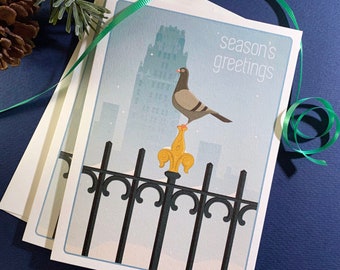 Season’s Greeting Card Set, Pigeon in Bryant Park, Set of 8 Holiday Greeting Cards