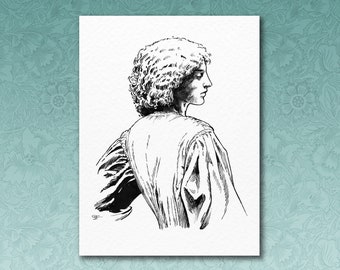 Jane Morris portrait in brush and ink, Art Print, Wall Hanging