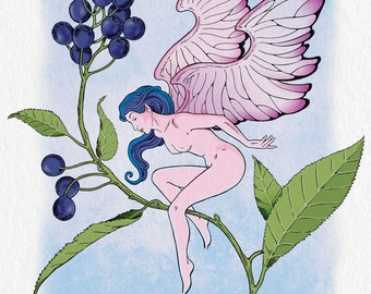 Pink Fairy Original Art Print, Irish Bilberry Faerie Wall Hanging