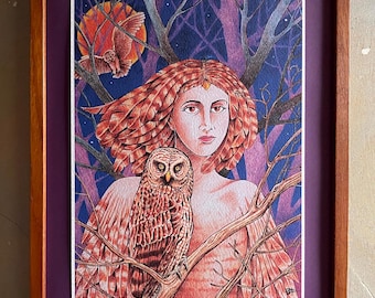 Owl Goddess of the Forest, Original Art Print, Wall Hanging